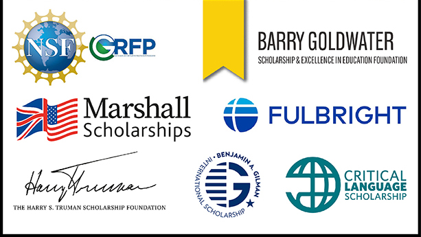 NSF, Marshall Scholarships, Harry Truman Scholarship Foundation, Barry Goldwater, Fulbright, Benjamin Gilman International Scholarship, and Critical Language Scholarship logos
