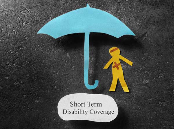 yellow stick person under blue umbrella and short term disability in white bubble on black background.