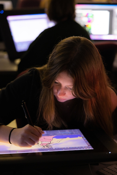 artist drawing on large tablet