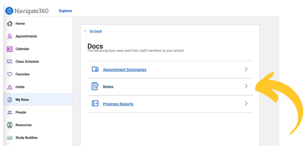 A screenshot with a yellow arrow pointing to the Notes tab in EAB Navigate360.