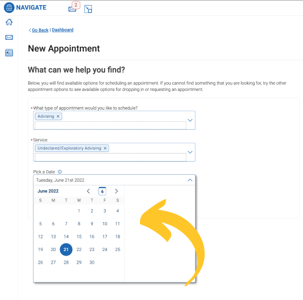 Screenshot of the new appointment page in EAB Navigate 360, demonstrating how users can select their appointment date.