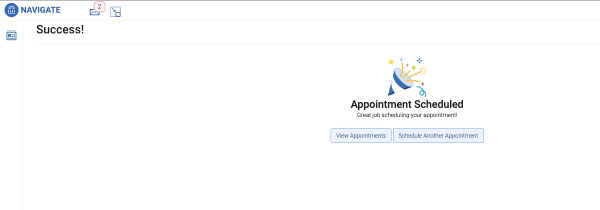 Screenshot of the confirmation page in EAB Navigate 360, displaying a party hat and "Appointment Scheduled."
