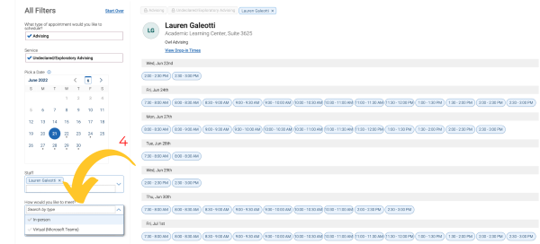 Schedule view in the calendar app, illustrating how to select appointment modality in EAB Navigate 360.