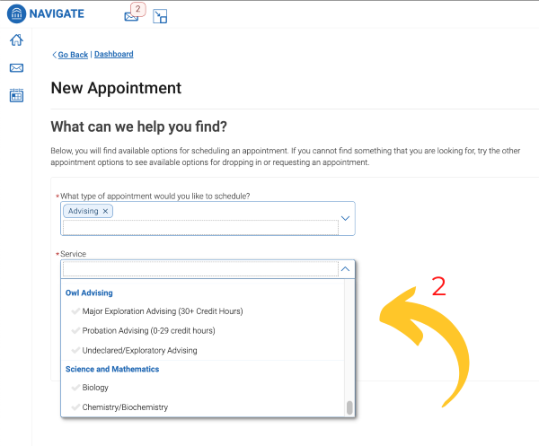 Visual guide showing the new appointment button in EAB Navigate 360's appointment section for scheduling assistance.