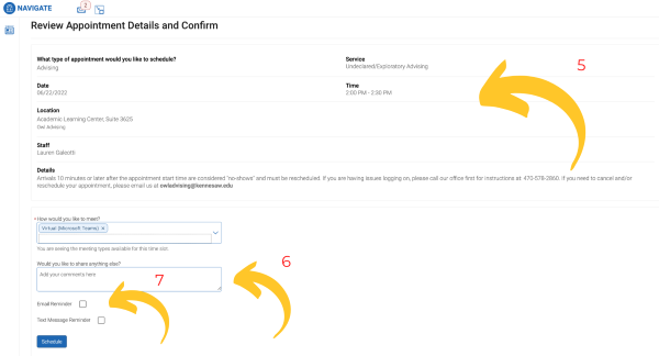 A screenshot showing users where to Review and Confirm the details of their appointment and review any notes from their advisor.