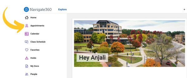 A screenshot showing users where to view or cancel appointments in EAB Navigate 360.