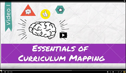 A video thumbnail with the title "Essentials of Curriculum Mapping." A brain illustration is featured in the center, surrounded by colorful shapes and symbols. The word "Video 1' is in the top left corner.