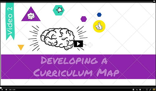 A video thumbnail with the title "Developing a Curriculum Map". A brain illustration is featured in the center, surrounded by colorful shapes and symbols. The word "Video 2" is in the top left corner.