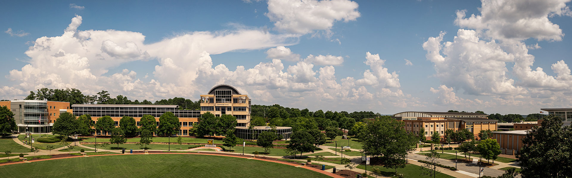 drone view of kennesaw hall building on campus.