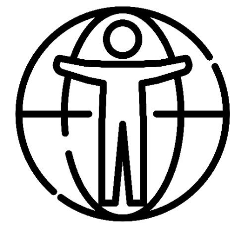 An icon featuring an outline of a person centered within a globe.