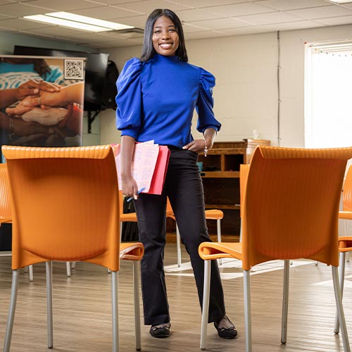 ksu business student in a classroom.