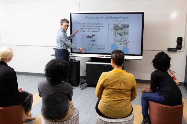 A teacher is giving a presentation to a group of four students