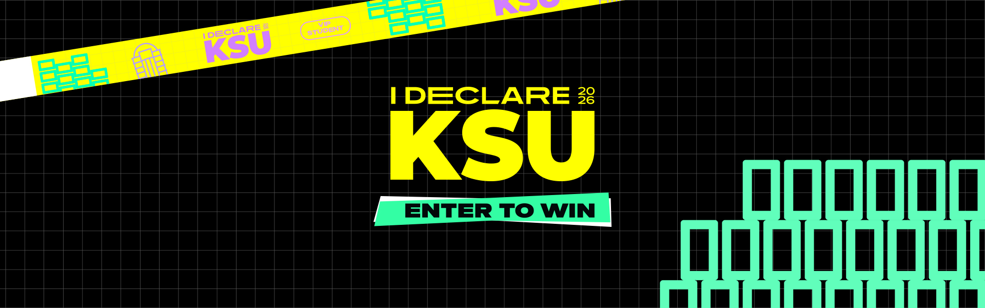 Black background with bright yellow and green colors featuring the words "I declare KSU"