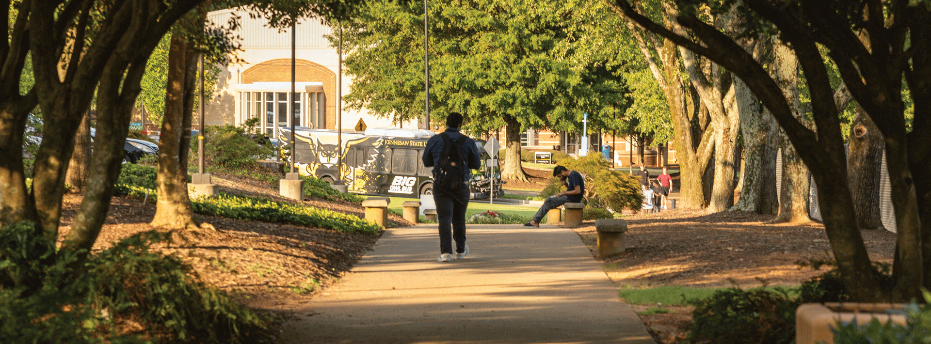 College student walking down the side walk between beautiful trees