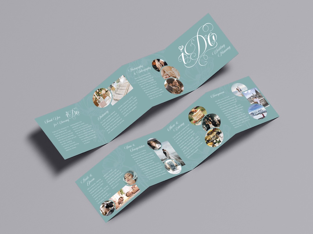  / I Do Pamphlet - 8” by 32”. Completed in 2021. Designed for print. I designed a 4 panel pamphlet for the company “I Do”, that advertises all of the services the company offers.