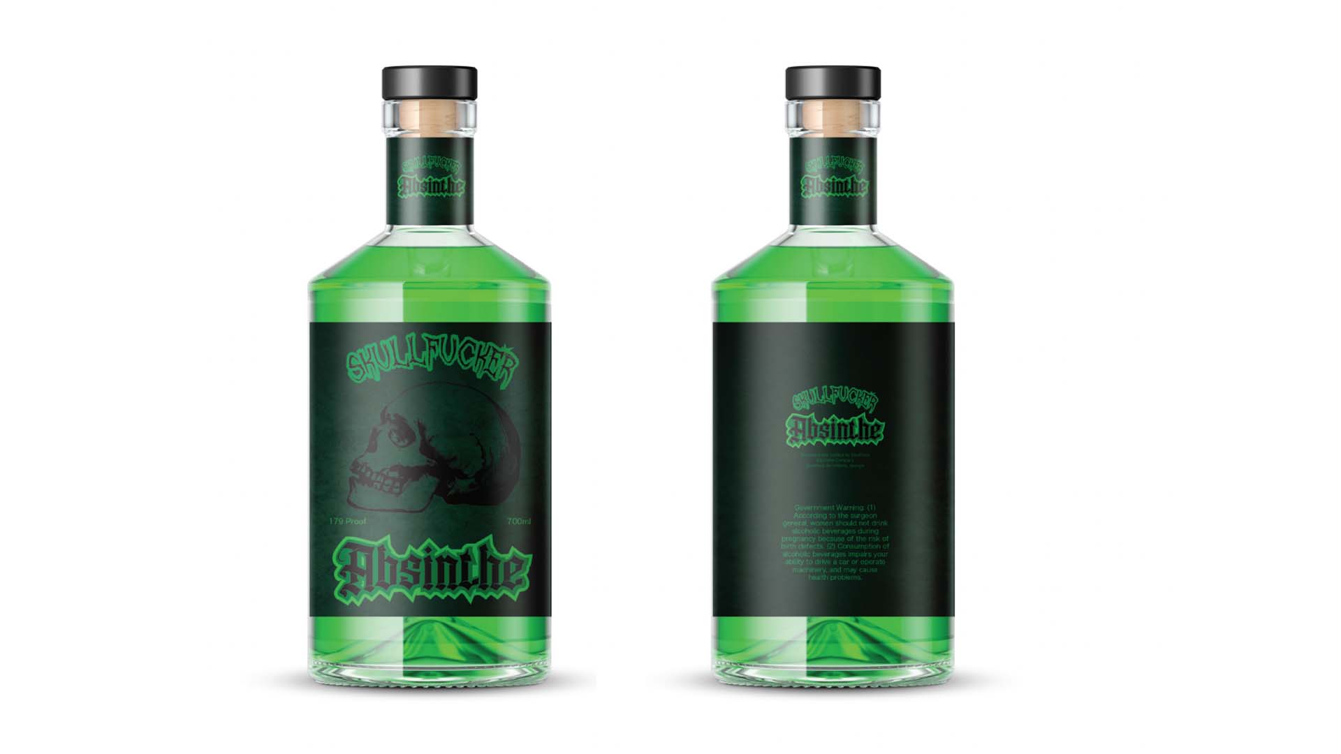  / Glass Bottle Label - 4” by 8”. Completed in 2021. Designed for print. I designed a label for an imaginary alcohol brand. The liquor for the label is absinthe, and I wanted the label to portray how strong this particular alcohol is. I designed the label with a bottle of poison in mind; a black and green color scheme with skull imagery. 