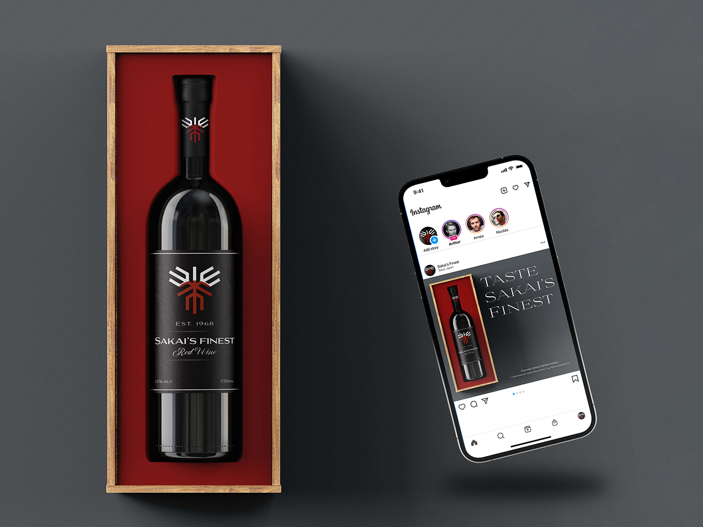  / “Sakai’s Finest,” Product design and social media ad, 2021. A luxury wine imported from Sakai, Japan.