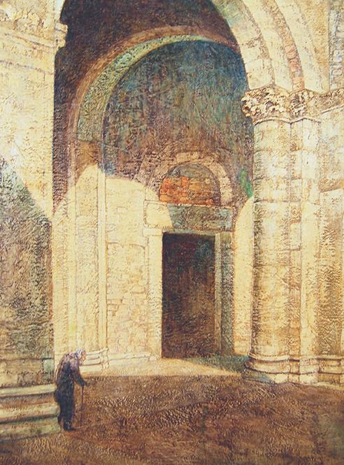  / Athos Menaboni, Cortile Sant’ Ambrogio, Milano, 1932. Oil on gesso on wood; 28 × 22 in. (71.1 × 55.9 cm). Gift of D. Russell Clayton, 2010.1.1.