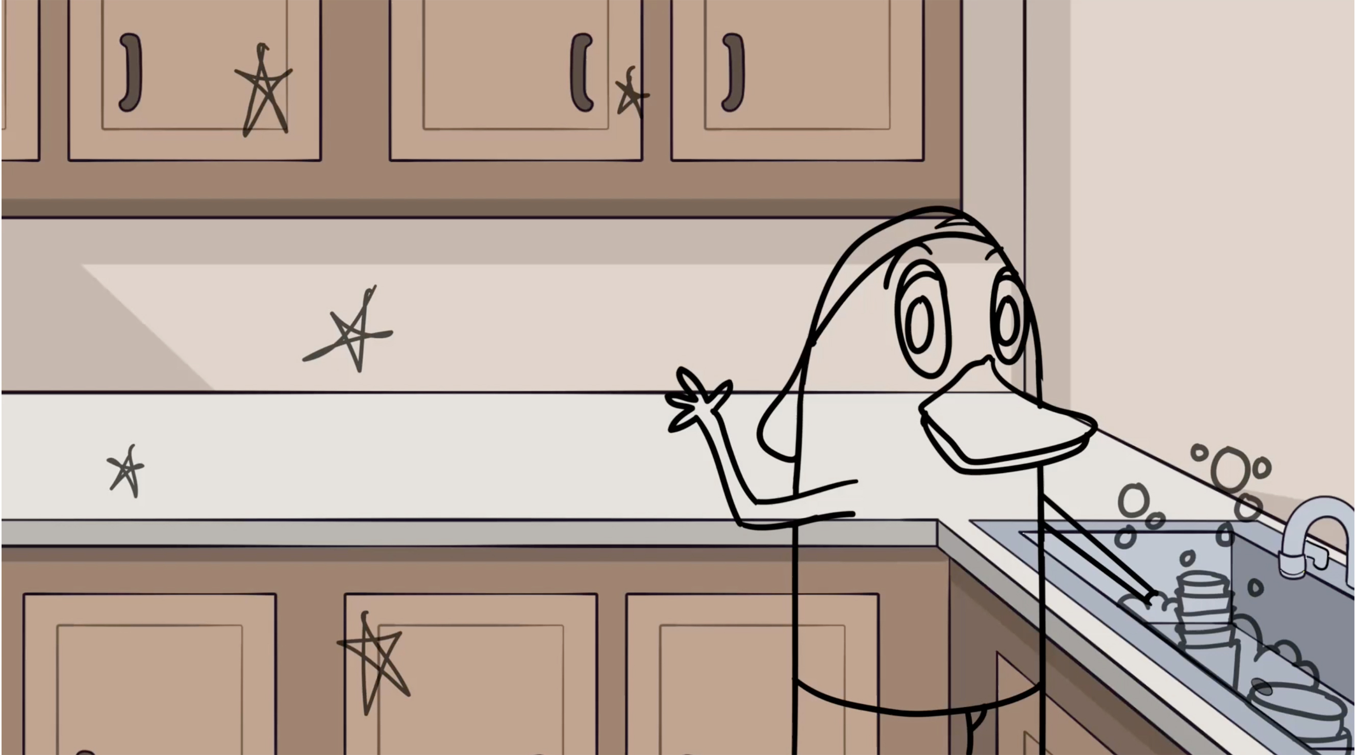  / Still of character Duck from "Roommates," a 2-minute short animation created using Photoshop and ToonBoom, rendered in Media Encoder. (2022)