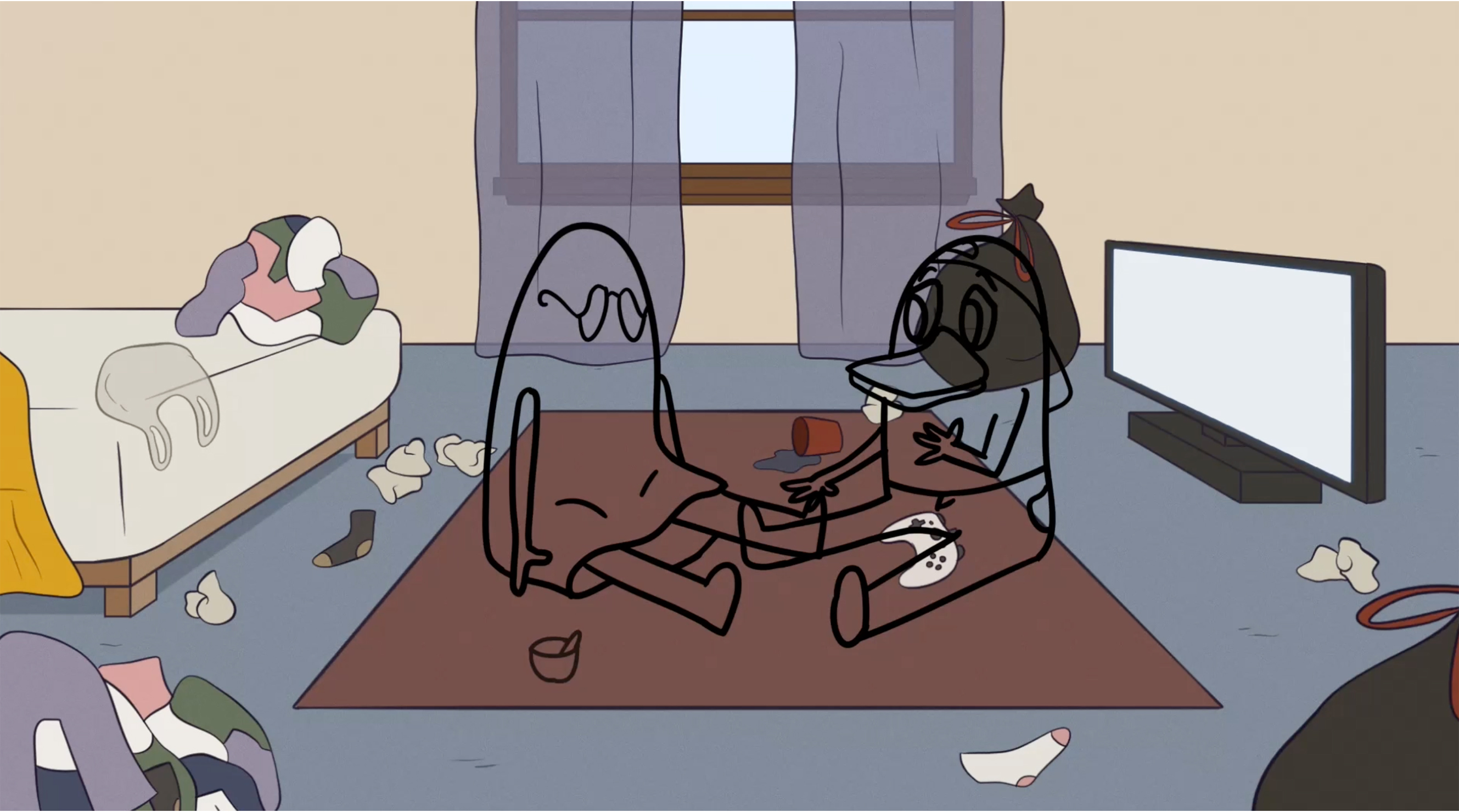  / Still of characters Ghosty and Duck from "Roommates," a 2-minute short animation created using Photoshop and ToonBoom, rendered in Media Encoder. (2022)