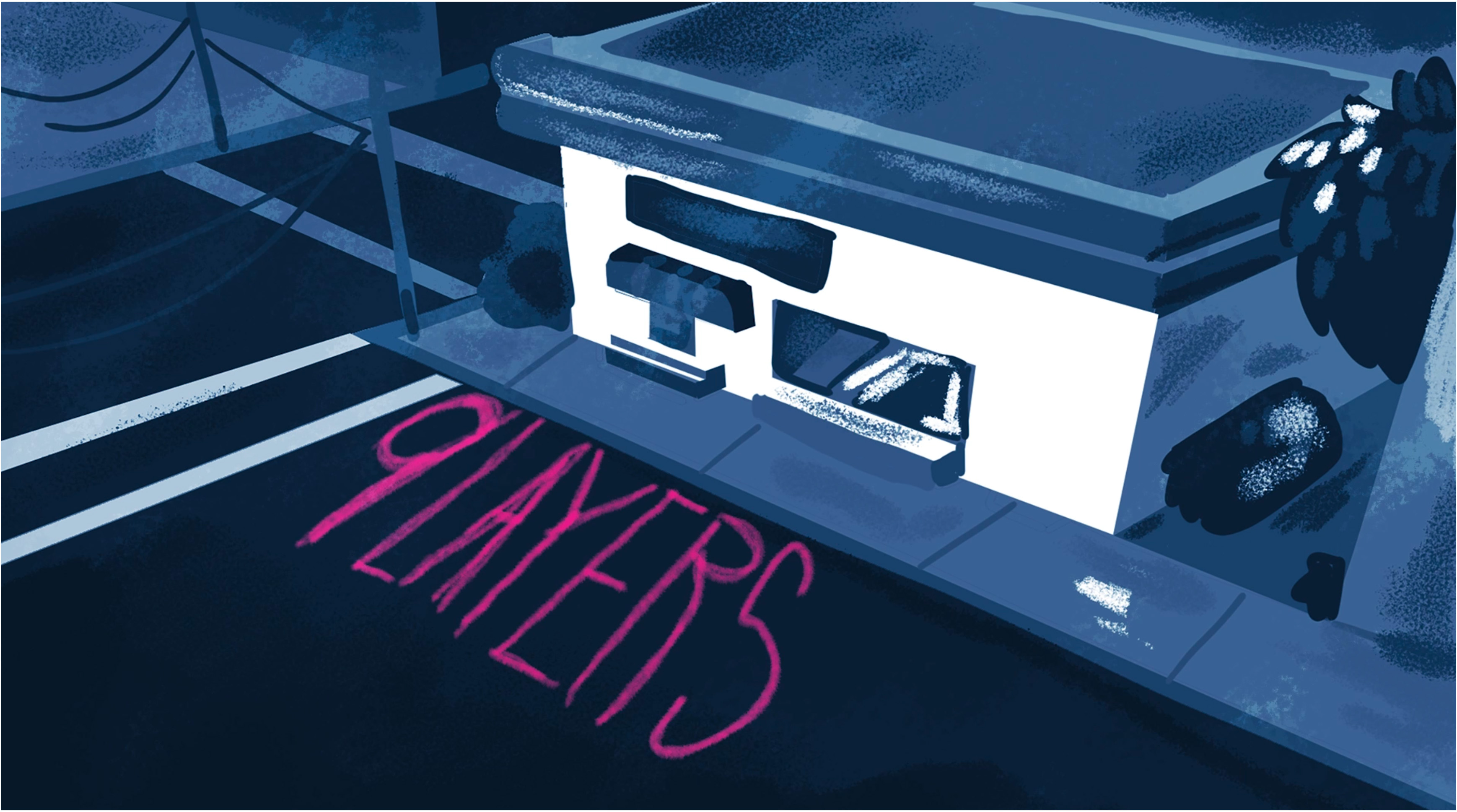  / Still from the Animated File "9 Layers". A blue overhead shot of the Intro to the Film and the Title in Pink Lettering. Created using Photoshop, Adobe Premier Pro and ToonBoom Harmony
