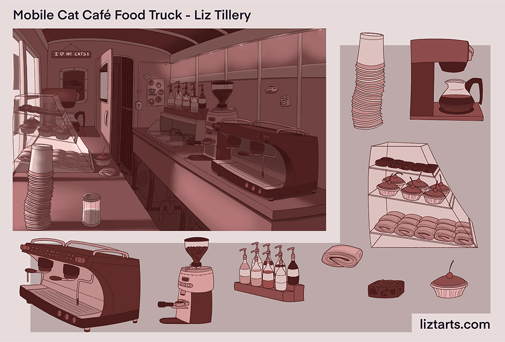  / Prop and environment design for the interior of a mobile cat café food truck, created using Procreate.