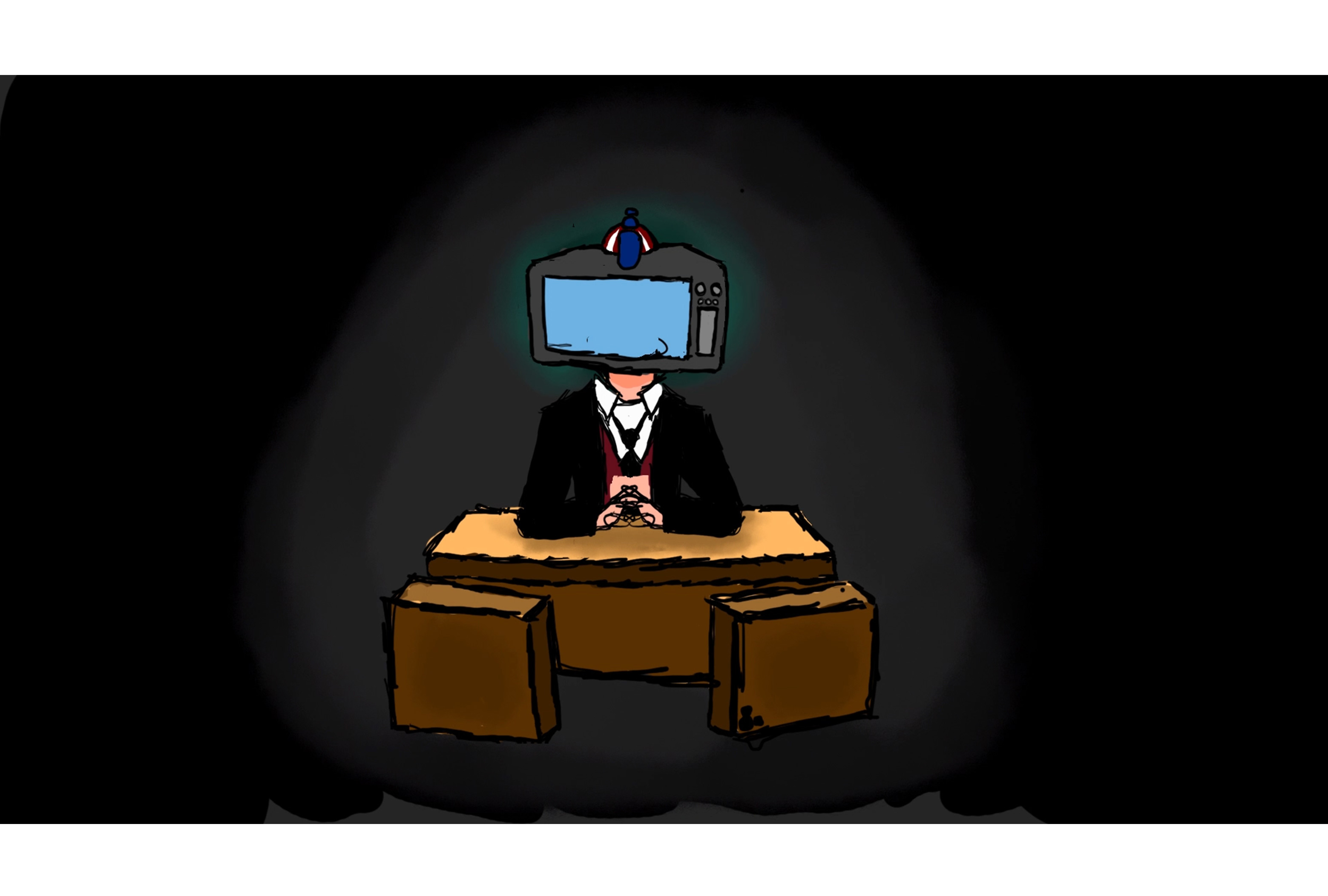  / Still of a character representation of corporate greed, complete with a TV head and spinny beanie. Animation was made in Toon Boom Harmony.