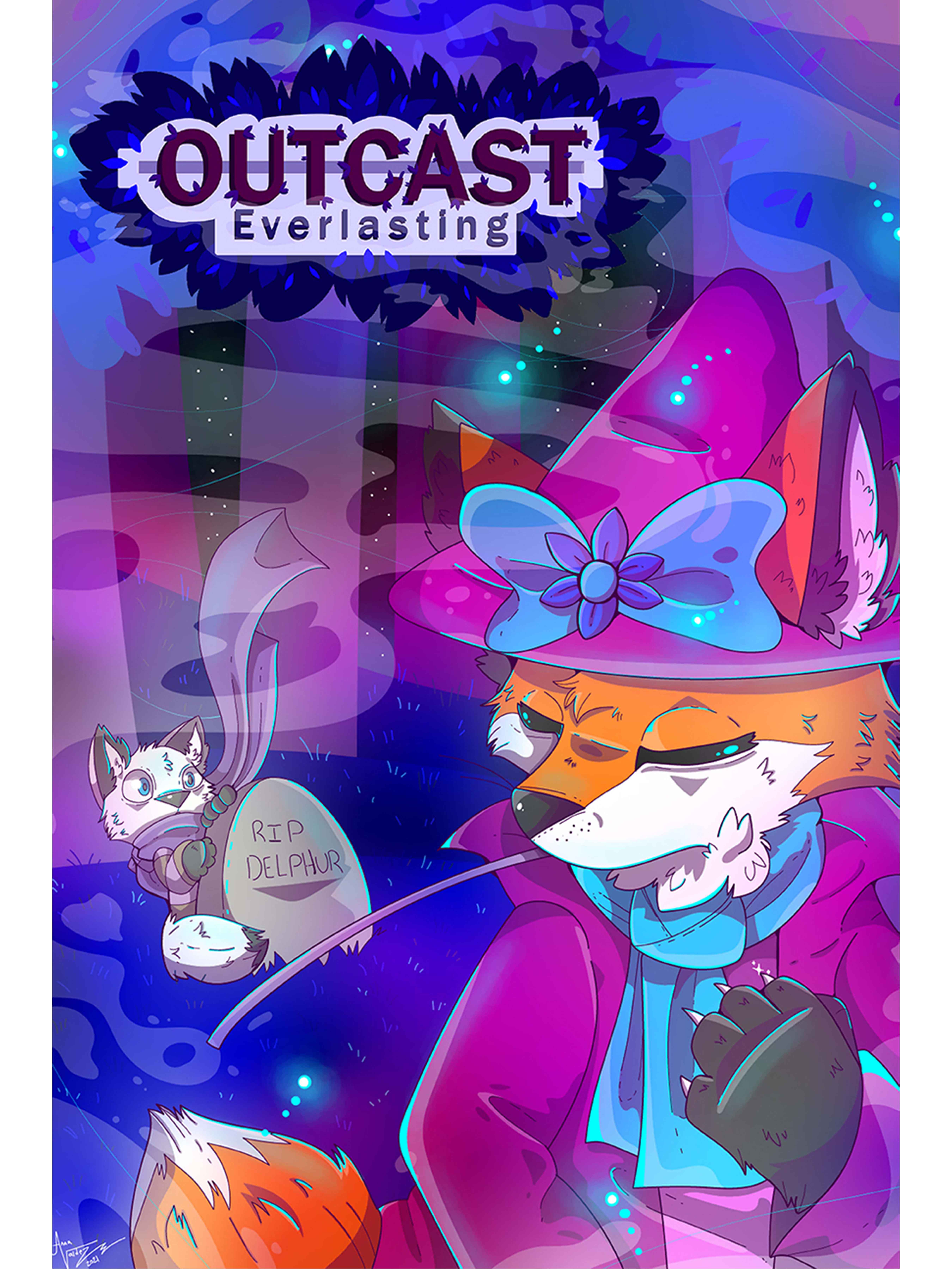  / Poster for Outcast Everlasting, featuring Foxas and Delphur! Created in Adobe Illustrator.