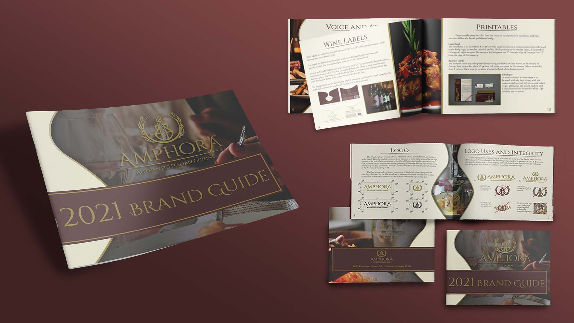  / "Amphora Authentic Italian Cuisine Branding Guide," Brand Guideline Book, 12”x9” print, 2021. This brand book delivers all necessary information on the restaurant’s corporate identity and guidelines."