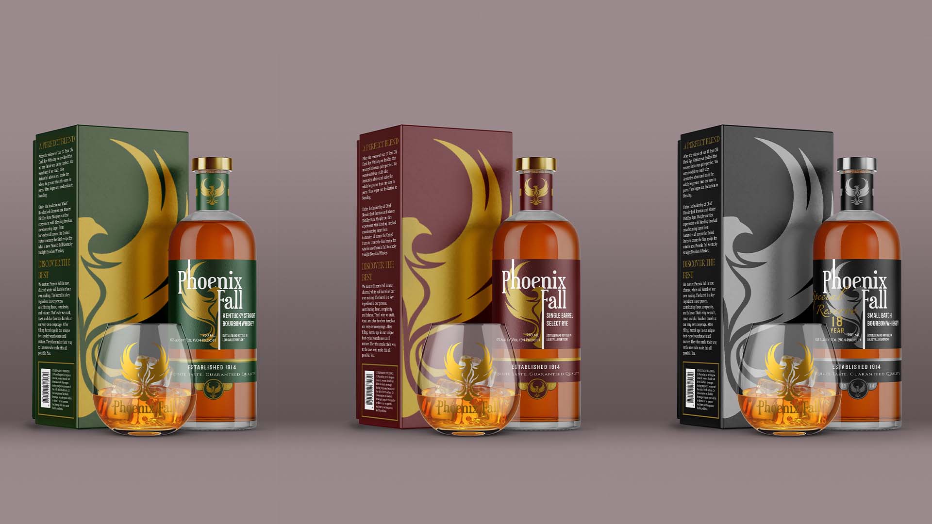 / “Phoenix Fall Bourbon” Bourbon Bottle and Box Packaging Design, Label: 4.5”x10” print on adhesive vinyl. Box: 4.5”x4.5”x11” print on paperboard, 2021. This packaging design displays the selection of liquors offered by Phoenix Fall."