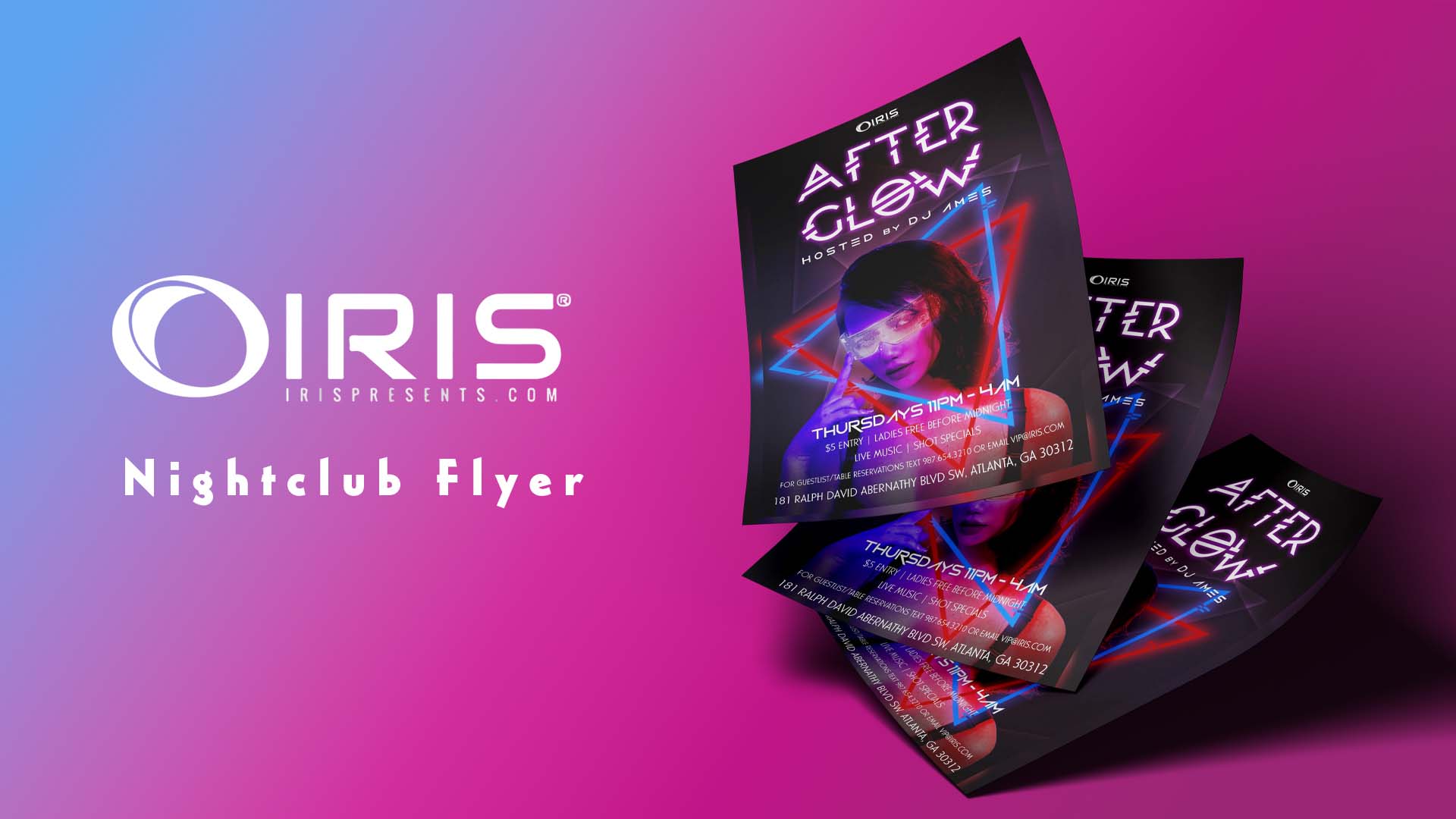  / “AFTERGLOW” Nightclub Flyer, 4”x7” print flyer, 2021. This flyer advertises a local nightclub event, while maintaining hierarchy and keeping the viewer engaged."