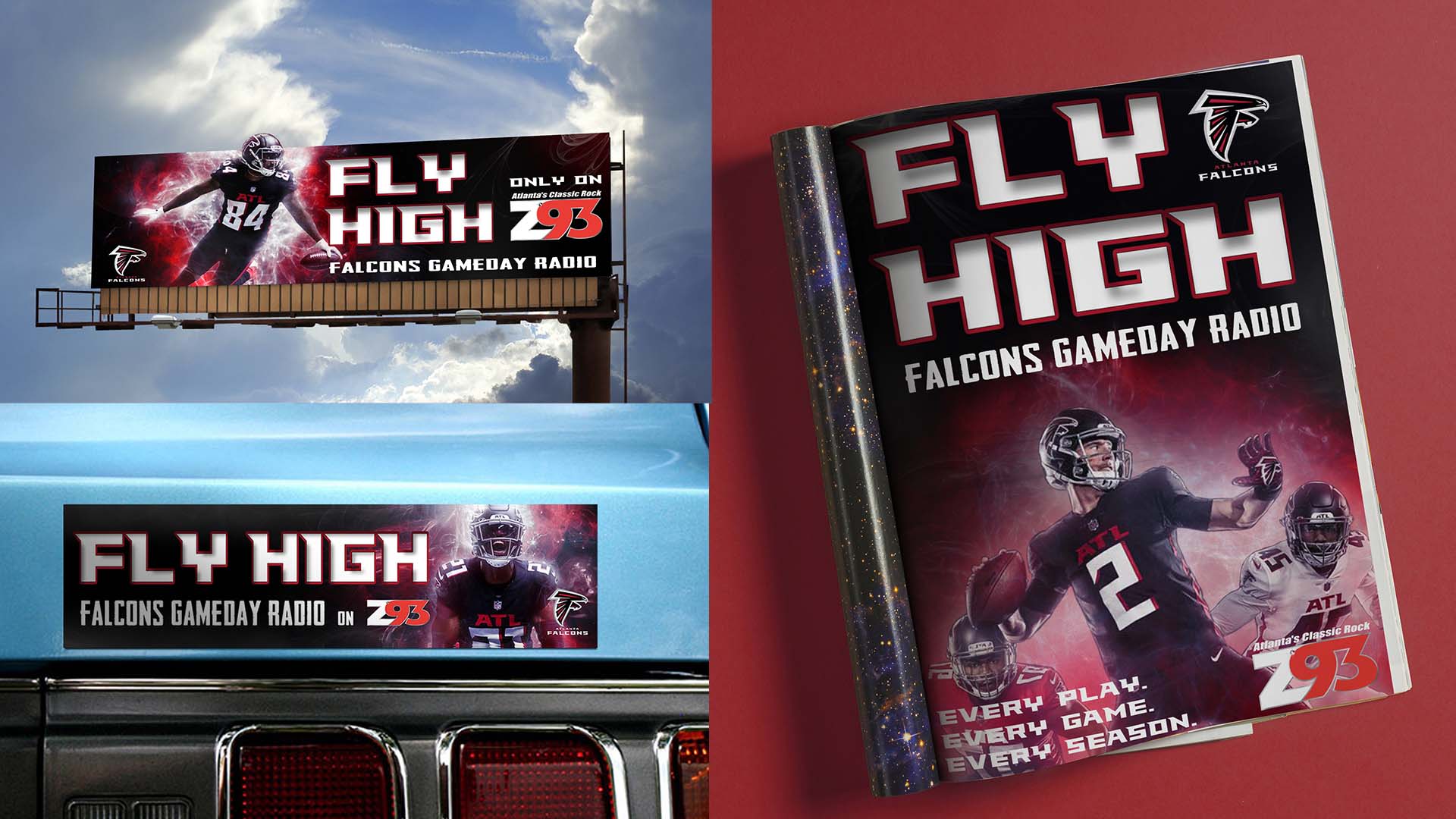  / “Fly High” Advertisement Campaign, Billboard: 14’x48’ print. Bumper Sticker: 3”x12” printed magnet. Program Advertisement: 8.5”x11” print ad, 2021. This campaign advertises the collaboration between the Atlanta Falcons and radio station Z93."
