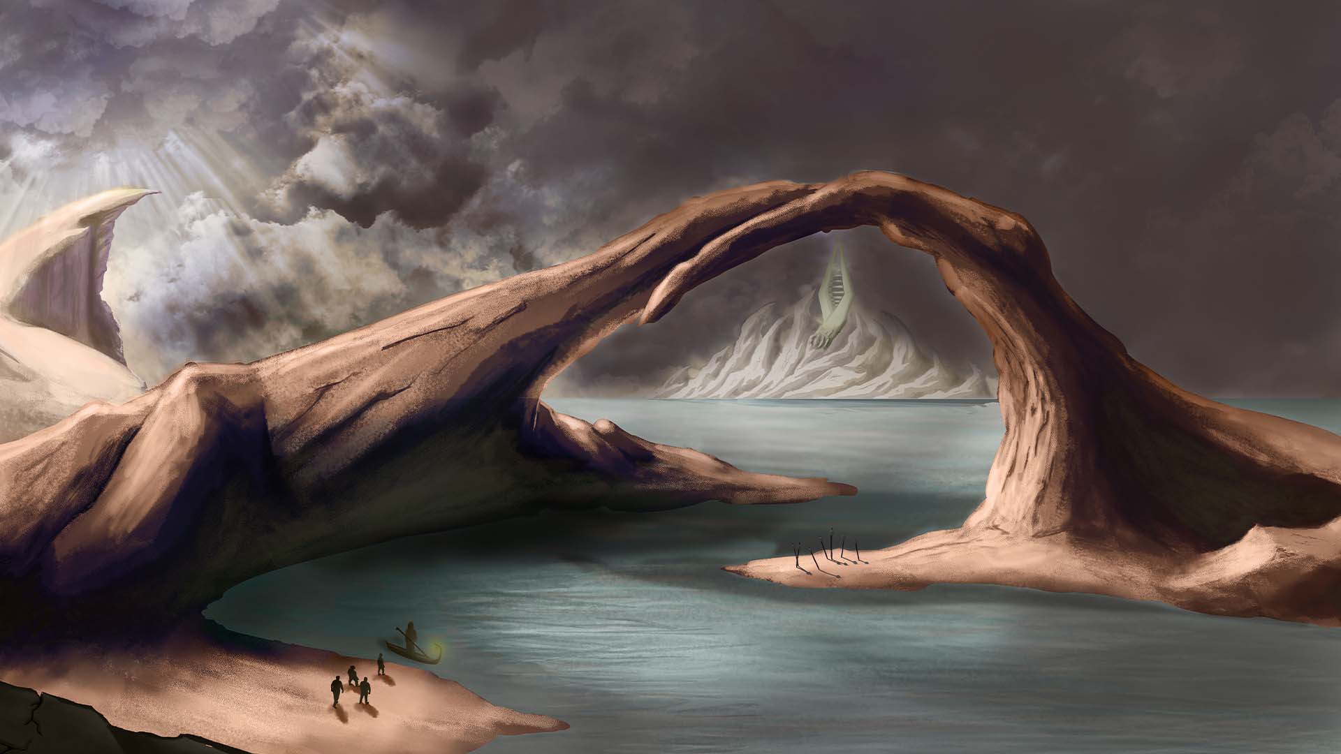  / “Styx” Digital Illustration, 36”x18” digital, 2020. Using many different techniques in photoshop, this illustration shows a group of souls boarding Chiron’s boat to cross the River Styx to the underworld."