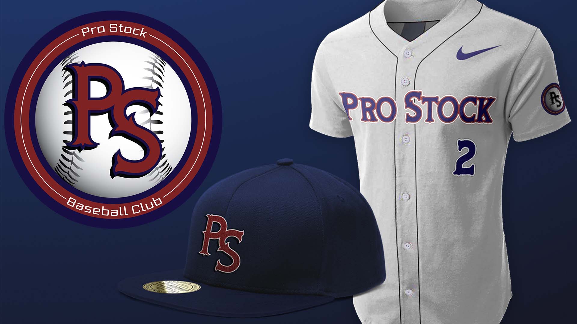  / “Pro Stock Baseball Club” Corporate Branding, various sizes and media, 2021. This showcase of branding displays the logo, as well as multiple assets that will be used to identify the Pro Stock Baseball Club."