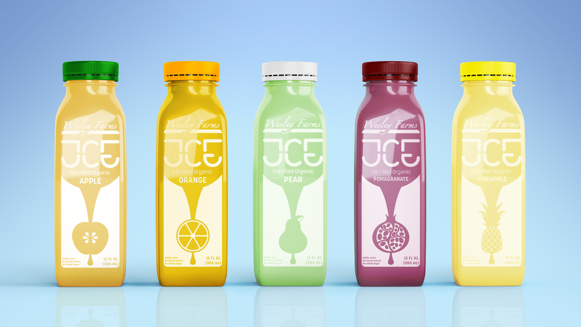  / “JCE” Bottle Label Design, 2”x5” print on plastic, 2021. This line of juices uses negative space to show the juice inside the bottle, while making it clear what type of juice is inside."