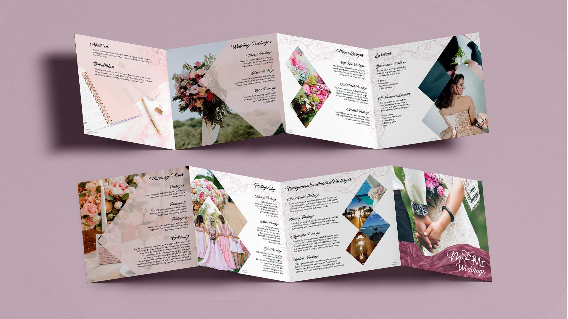  / “Wedding Brochure,” Wedding brochure packet, 8 x 32 inches print, 2021. Wedding caterer information packet. Designed to advertise and sell a wedding service towards a more female-centric couple.  