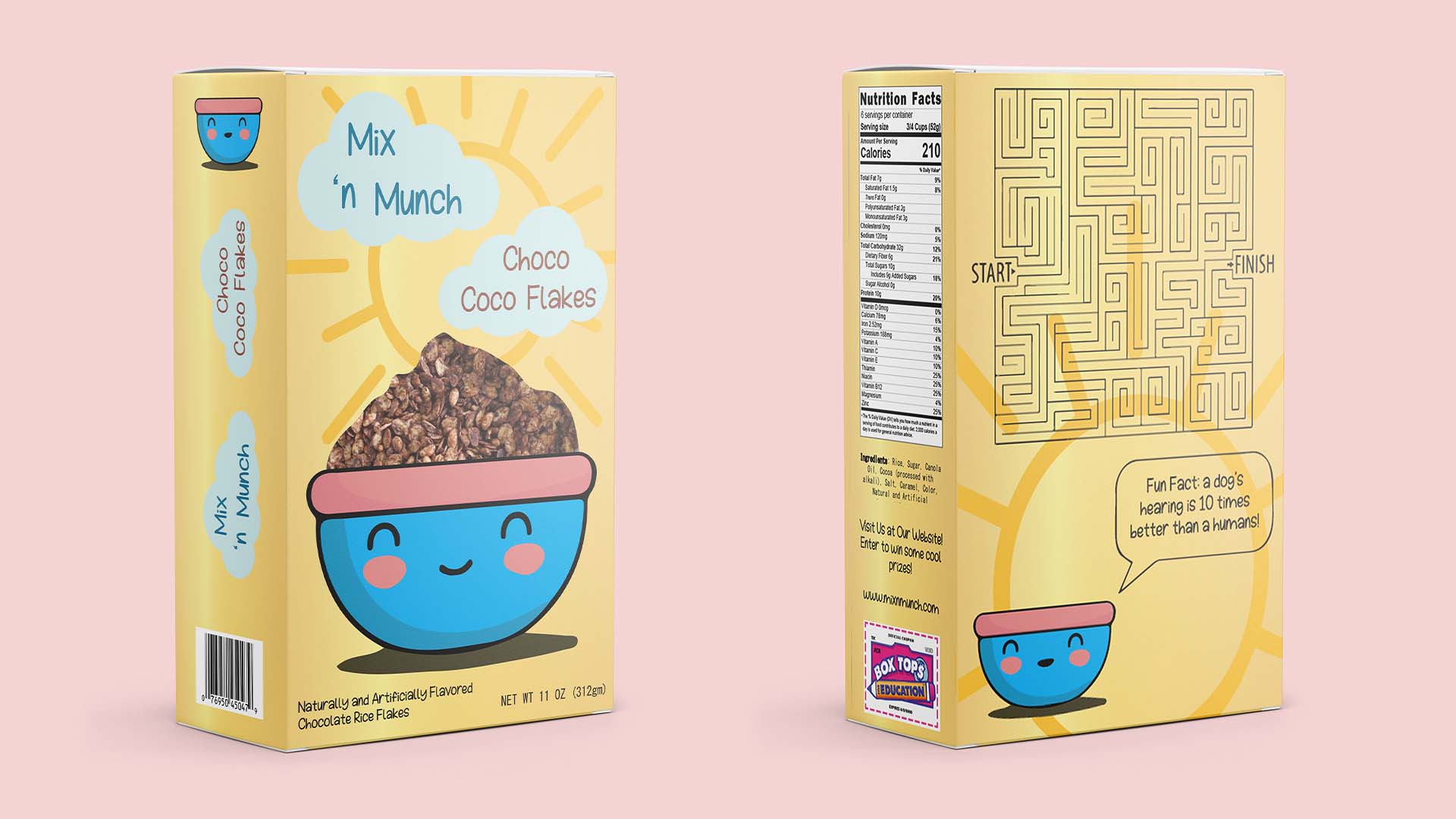  / “Cereal Label,” A new brand of cereal cardboard packaging, 8 x 1 3/4 x 12 1/8 inches­­ print, 2021. This ad caters towards children with a new type of cereal featuring a cute, easy to recognize mascot.  