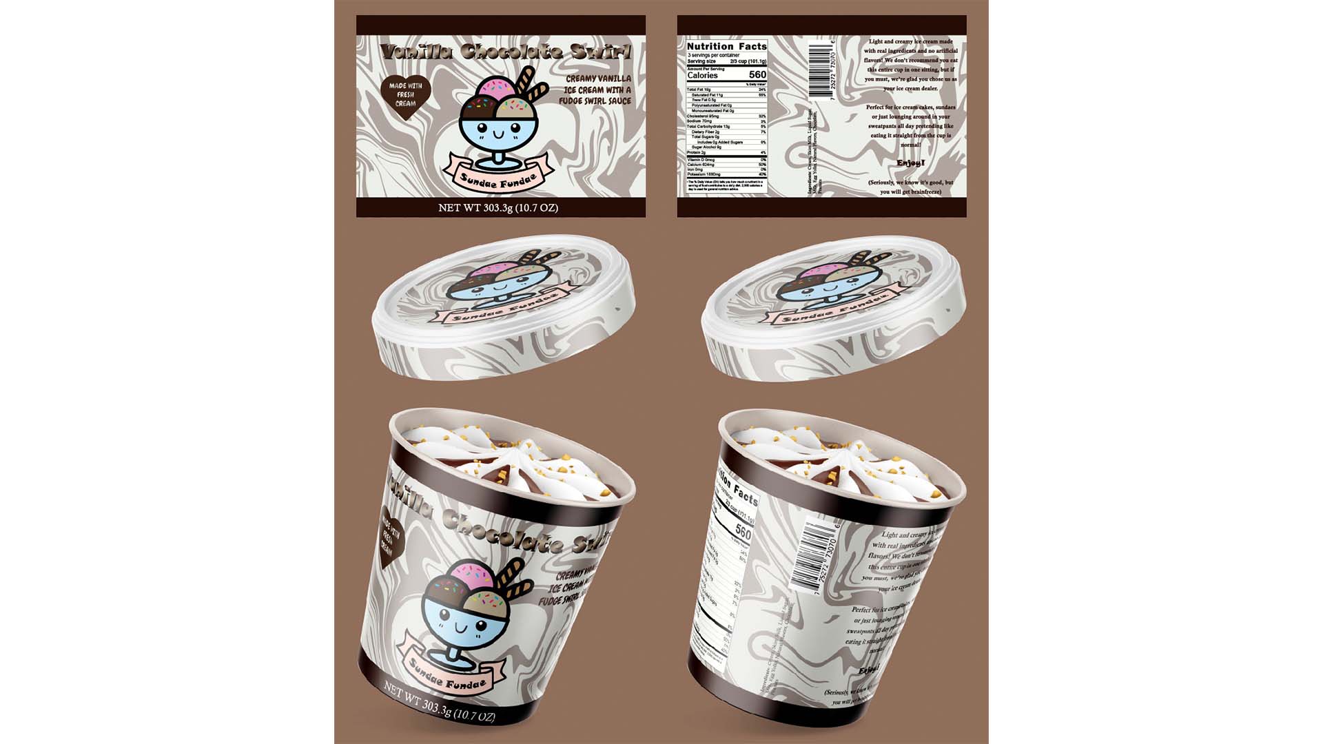  / “Ice Cream Label,” A new brand of ice cream, 3 x 4 inches print, 2021. A new label on a fictional ice cream brand to appeal to a younger audience featuring a notable mascot.  