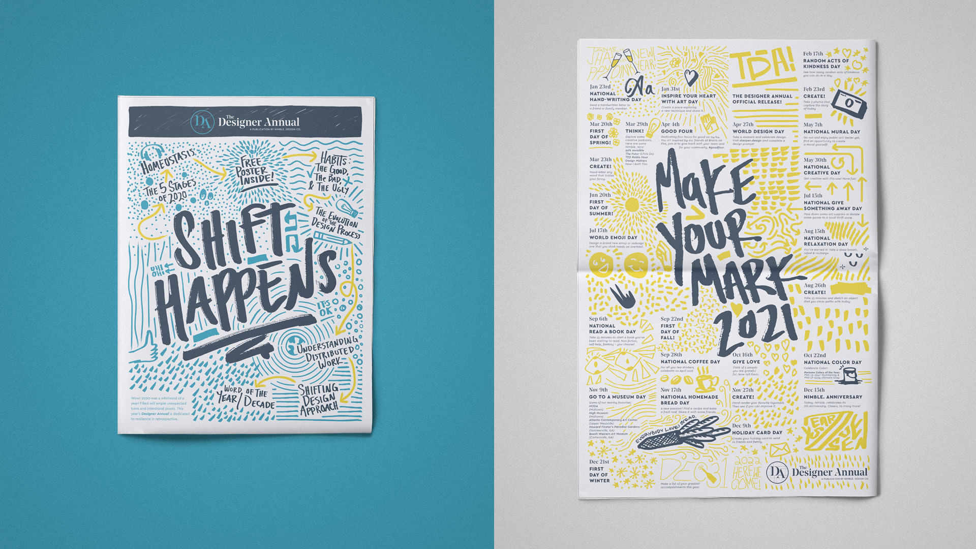  / “Shift Happens” Publication design, 15″ x 23″, 2020. The Designer Annual is a limited edition publication by Nimble. Design Co. that offers a glimpse into the people and studio practices that craft seamless branded experiences for the built environment. Role: Creative direction, design, illustration. Cr. Stephen Wright, Heather McNamara, Maria Royal, Lauren Reidling, Candace Riley Campbell