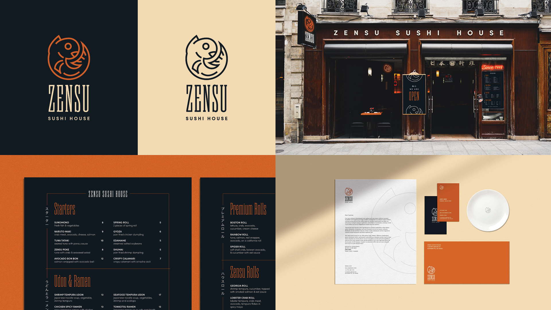  / “Zensu Sushi House” Restaurant brand design, 2021. Zensu Sushi House operates at the intersection of food and friendship to deliver traditionally crafted sushi with a welcoming, community-driven dining experience.