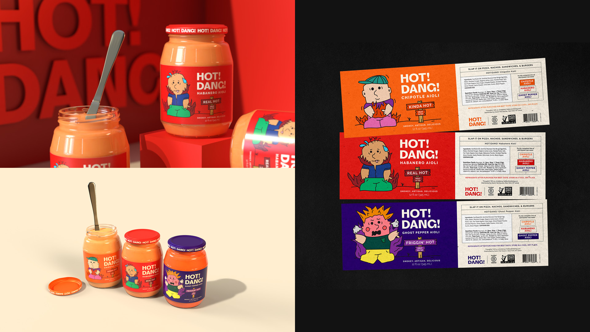  / “Hot!Dang!” Brand and Packaging design, 2021. A hot aioli brand developed to be lively and expressive at its core — a brand that would speak like a mouth on fire.  