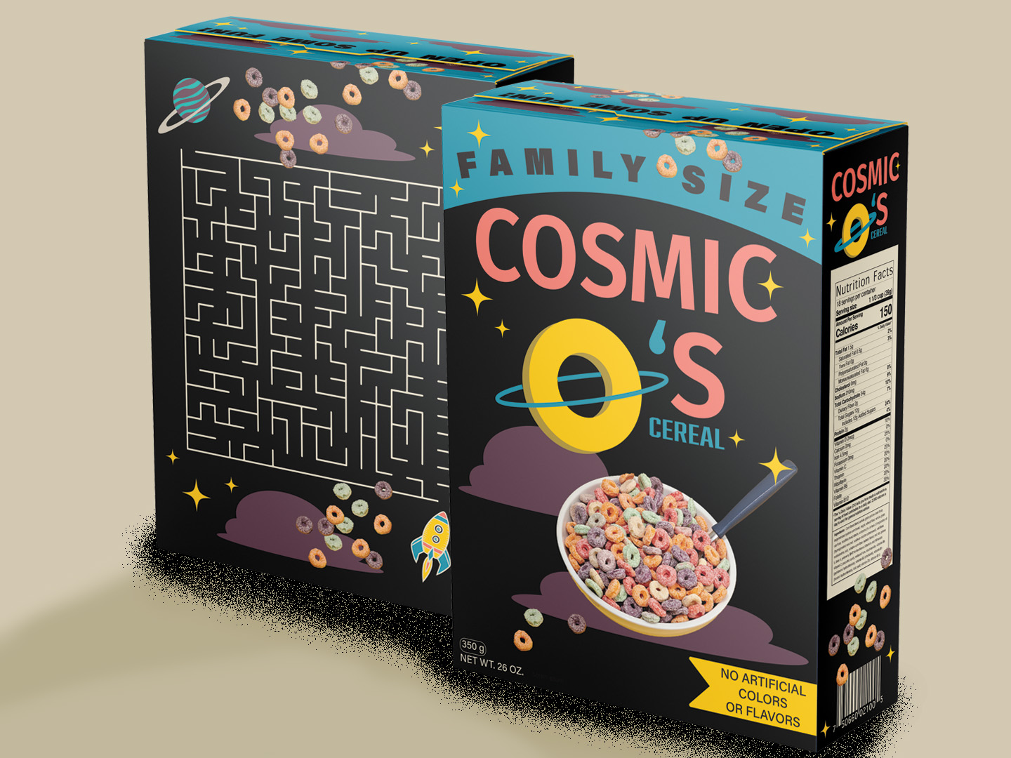  / “Cosmic O’s” Cereal packaging design, 2021. This fun and healthy cereal is made for all of us who are children at heart. Made with modern design, fun colors, and a maze on the back. 