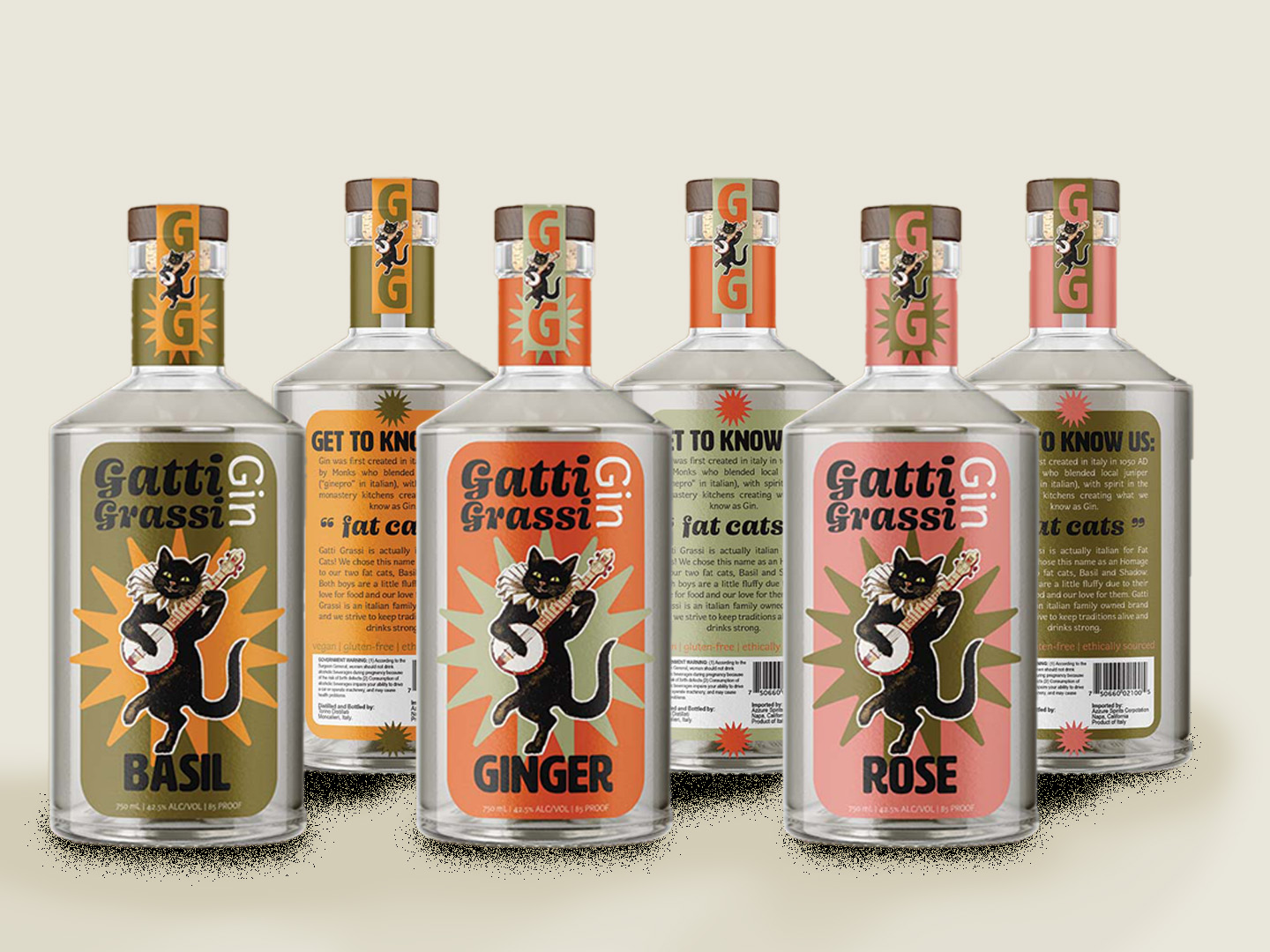  / “Gatti' Grassi Gin” Glass Gin bottle packaging label designs, 2021. This is a packaging design for the Italian gin brand Gatti Grassi, made to catch the eye of the target audience. 