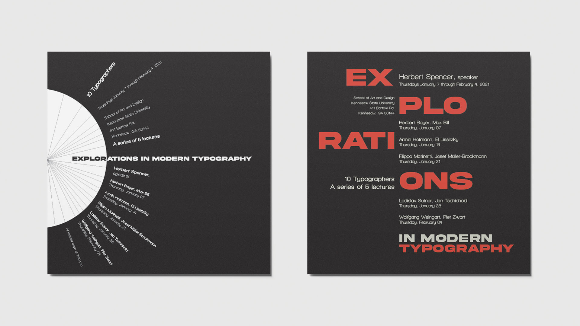  / “Explorations in Modern Typography Posters,” event posters, 8 x 8 inches, 2021. These posters were created following the radial & axial typographic systems. 