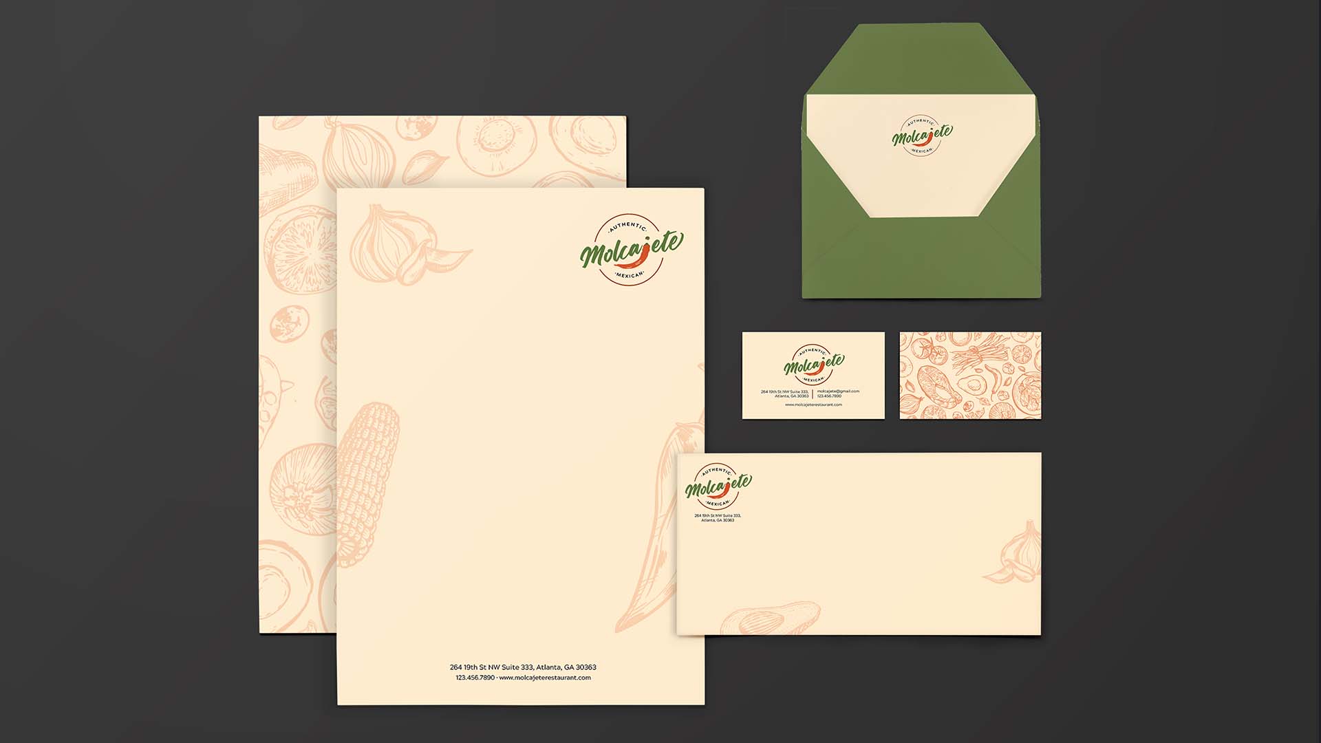  / “Molcajete ID System,” stationery, Letterhead: 8.5 x 11 inches, Envelope: 4.125 x 9.5 inches, Note Card: 3 x 5 inches, Business Card: 3 x 2.5 inches, 2021. This project’s purpose was to create a cohesive brand image for the Molcajete restaurant. 