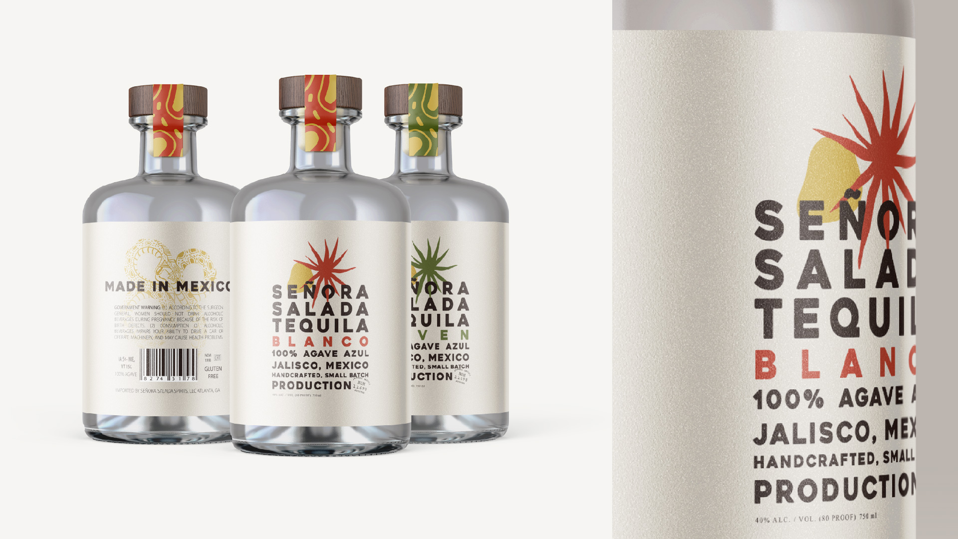  / “Senora Salada Tequila,” packaging design, 2021. “Salty Lady” glass liquor bottle packaging design. 