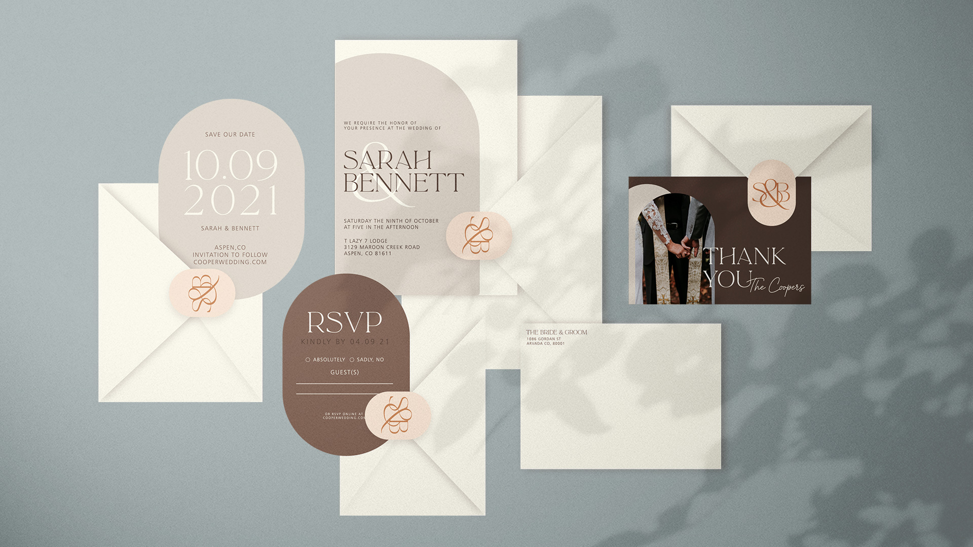  / “Studio TwentyOne Invitation Sample Package,” print design, 2021. Sample invitation sets for the wedding company’s possible clients’ viewing. 