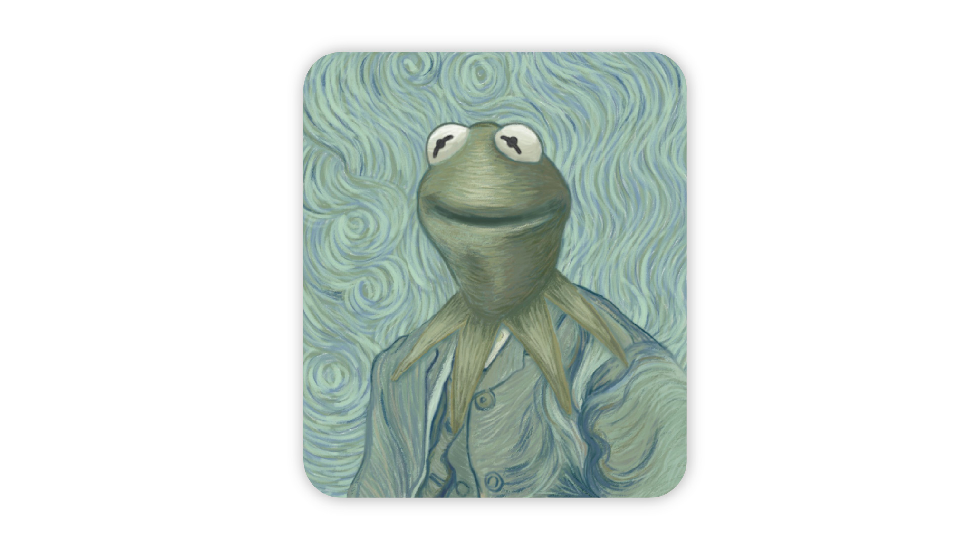  / “Van-Kermit,” digital painting, 8.5x10 inch print, 2019. Digital adaptation of Vincent van Gogh’s 1889 self-portrait 
