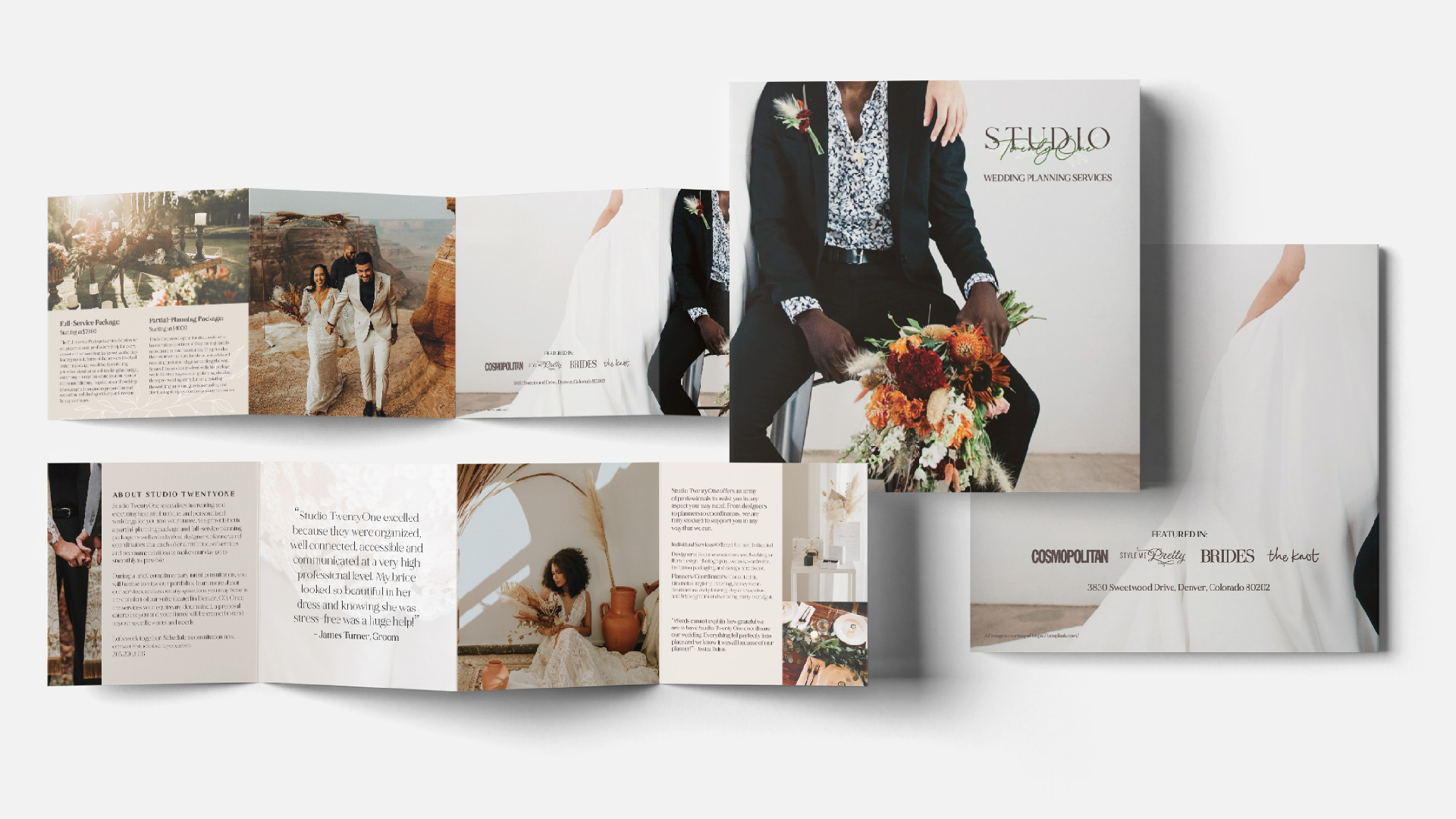  / “Studio TwentyOne Promotional Booklet,” print design, 8x8 inch square four-panel print, 2021. Promotional handout for brief wedding service(s) display.