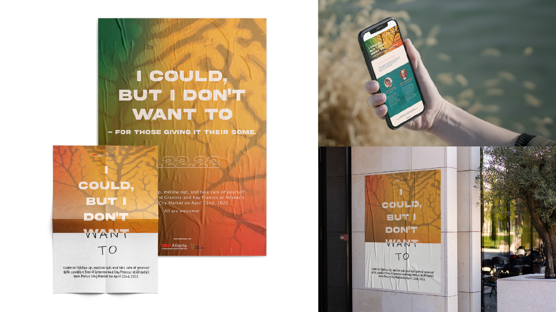  / “I Could, But I Don’t Want To,” digital and print design, 2021. A sponsored TEDx ATL talk created to inspire and engage the audience with humor around stress, anxiety, and the feeling of being stuck. 